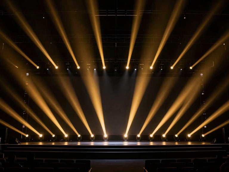 Dramatic high-contrast architectural lighting design across a dark corporate stage, sharp gold beams cutting through deep shadows, premium event atmosphere