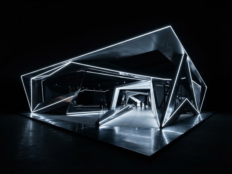 Wide architectural photograph of a high-end minimalist exhibition pavilion, dramatic high-contrast lighting, deep black background, glowing white LED lines.