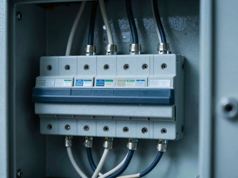 Close-up of a newly installed commercial electrical panel with perfectly routed wires, clean technical focus