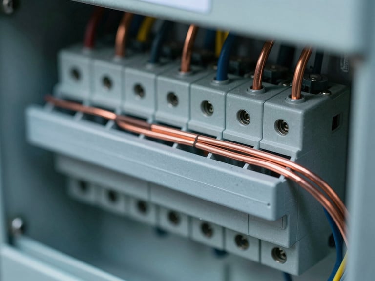 Close-up of clean copper wiring inside a newly installed commercial electrical panel, sharp focus, metallic tones.