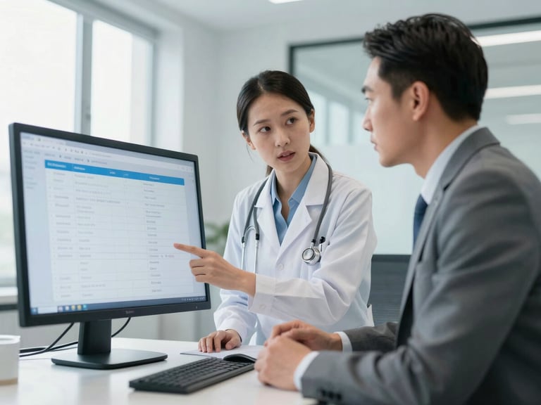 Two healthcare administrators in professional attire reviewing clinical workflows on a screen in a bright, modern boardroom, cool sterile tones.