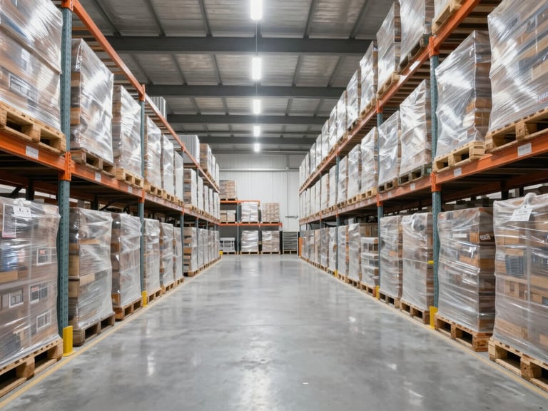 Straight-on wide-angle shot of a bright modern distribution warehouse with neatly stacked pallets under high-key industrial lighting, 35mm