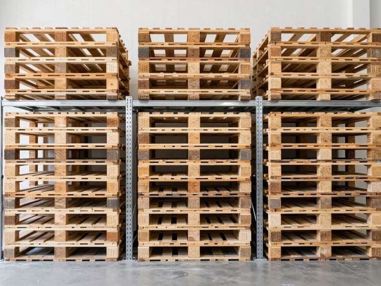 Straight-on wide-angle shot of neatly stacked warehouse pallets on industrial steel shelving, bright high-key industrial lighting, clean organized composition, sharp focus, 35mm