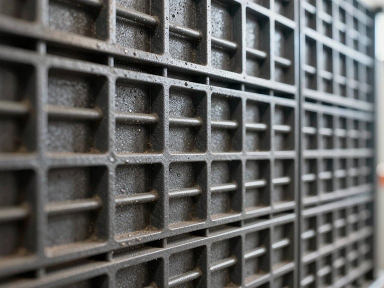 Detalhe em macrofoco de um painel monolítico de EPS integrado a uma malha de aço estrutural de alta resistência, luz lateral dramática destacando as texturas industriais precisas.