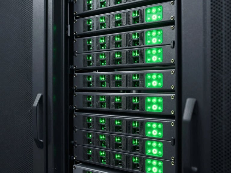 Crisp industrial photography of a perfectly organized server rack, cool technical lighting, vibrant green LED accents, sharp focus, 35mm