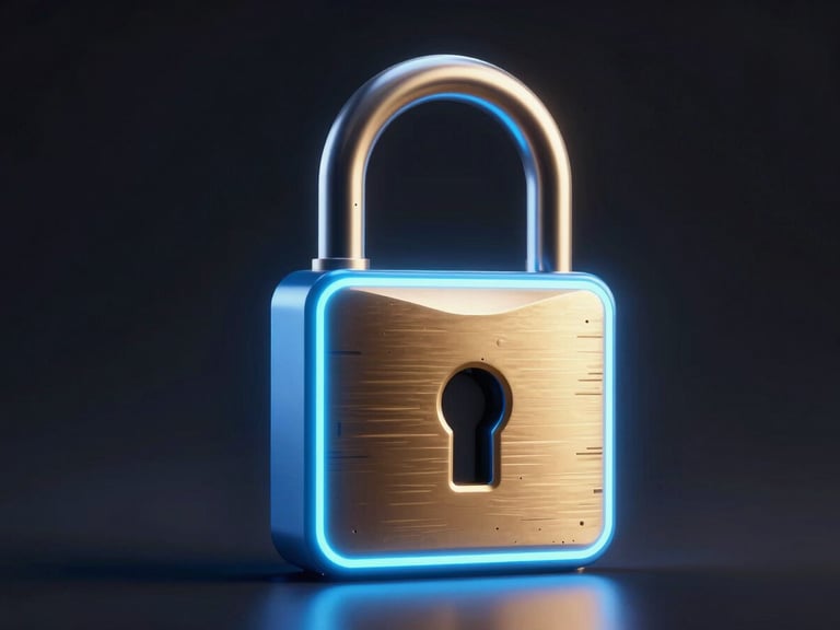 Sleek 3D render of a glowing neon blue padlock on a dark background, high-contrast premium gaming aesthetic
