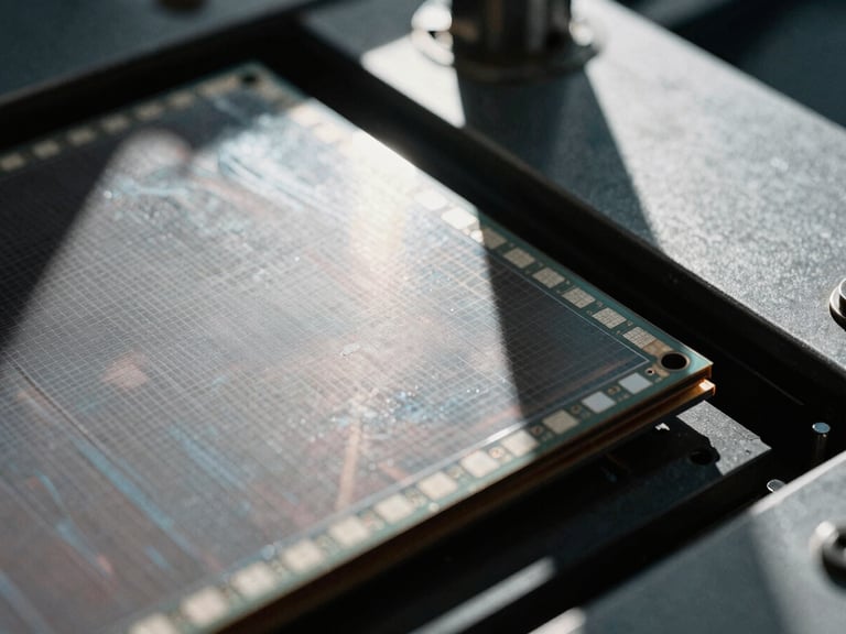 Extreme close-up of silicon wafers and industrial manufacturing machinery, high-contrast shadows, desaturated cool tones, 35mm grain.
