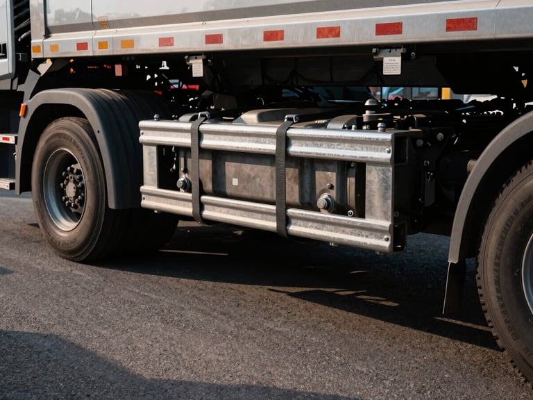 Sharp industrial photography of a close-up on a heavy-duty commercial truck chassis, steel cargo straps tightly securing machinery, dramatic low-sun daylight casting long shadows on asphalt, 35mm lens.