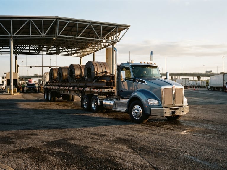 Low-angle heroic shot of a clean commercial flatbed truck loaded with secured steel cargo at the Laredo border crossing, high-contrast steel and asphalt tones, morning golden hour light.