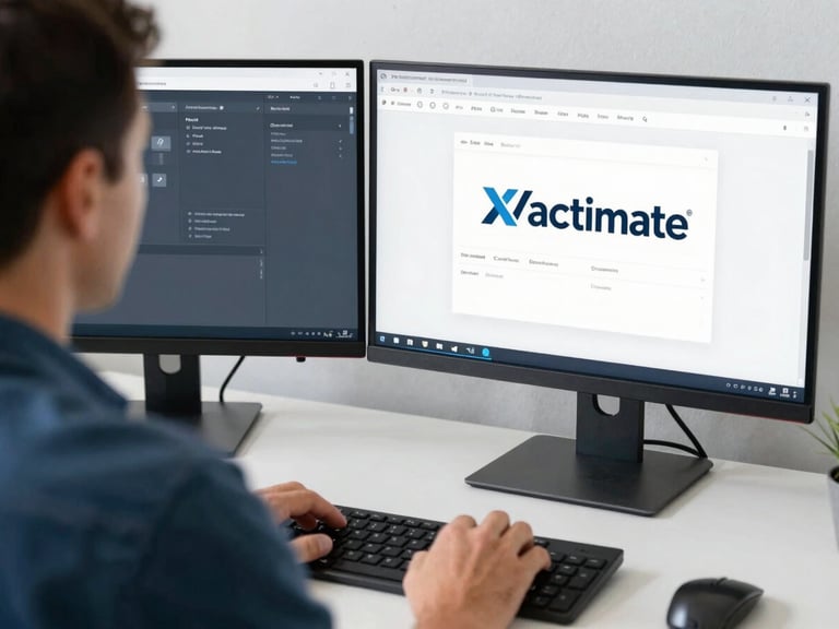 Over-the-shoulder shot of an estimator working on a clean dual-monitor setup showing Xactimate software, cool slate tones, sharp focus, 35mm