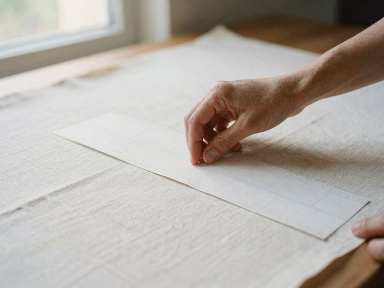 Close-up of hands pinning a paper pattern onto high-quality warm ivory linen fabric, soft side-lit window daylight, shallow depth of field, 35mm