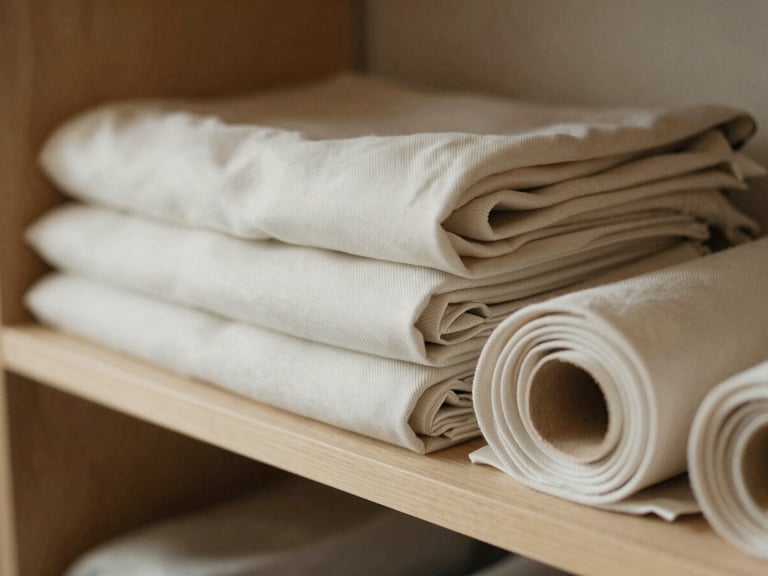 Close-up of folded rolls of premium silk and structured cotton fabrics on minimalist wooden shelves, soft diffused daylight, warm desaturated tones, 35mm