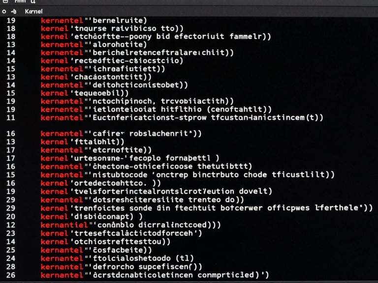 Full-width terminal window screenshot on a near-black background, showing a multi-line kernel build output with red-highlighted warnings and clean monospace text, no motion blur, pixel-sharp, taken directly from screen at native resolution