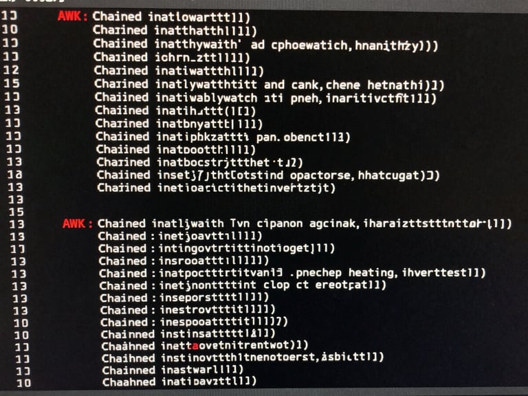 Full-width terminal window screenshot showing a chained inotifywait and awk command pipeline with complete stdout output below, monospace white text on near-black terminal background, pixel-perfect with no blur or grain, blood-red prompt glyph visible at the command line