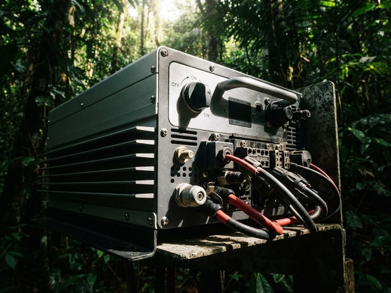 Macro close-up of a heavy-duty Deye hybrid inverter, anodized aluminum chassis, clean industrial design, dramatic tropical sunlight filtering through jungle canopy, high-contrast 35mm photography.