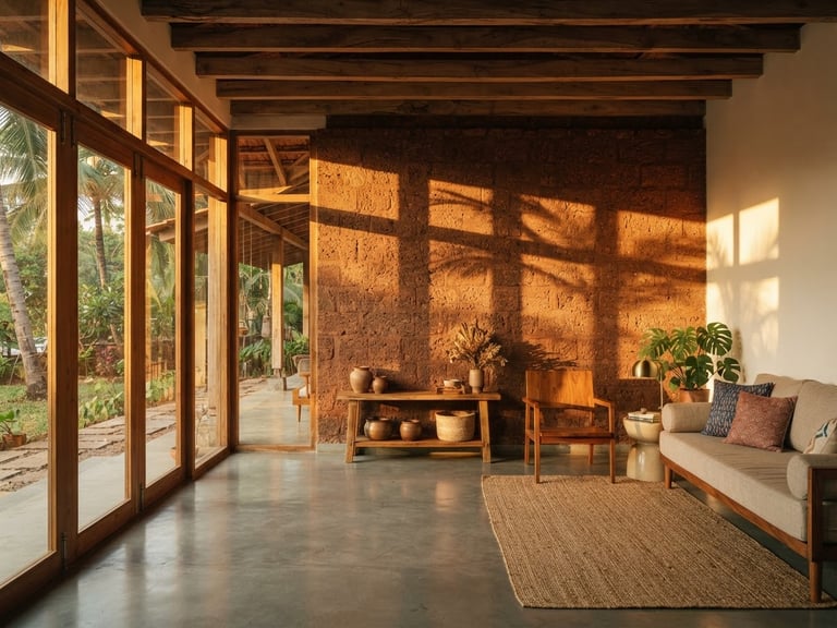 Straight-on architectural shot of a modern Goan living room, raw teak beams, polished cement floor, dramatic golden-hour window light casting long shadows on a textured laterite wall.