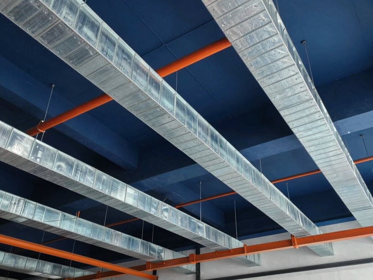 Modern industrial building interior ceiling showing clean runs of galvanized cable trays, HVAC ducts, and professional wiring, architectural precision.