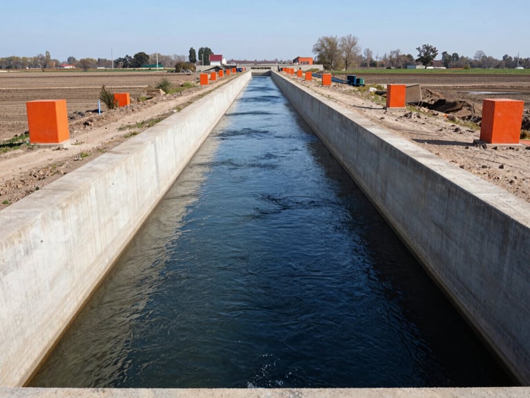 Massive concrete water irrigation canal running through an agricultural valley, clear water flowing, engineered concrete walls under harsh sun.