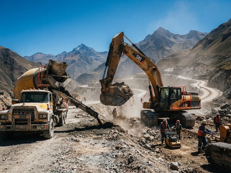 Low-angle heroic shot of heavy excavators and concrete mixers operating on a dusty highway construction site in the Peruvian Andes, harsh midday sun, safety orange accents on machinery
