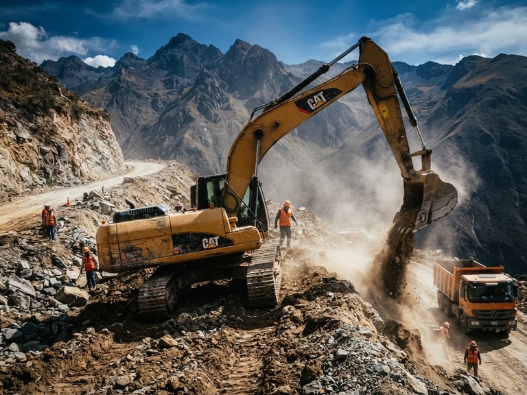Low-angle heroic shot of a heavy-duty yellow excavator working on a rugged Andean highway construction site, harsh daylight highlighting dust and raw earth, high contrast, 35mm.