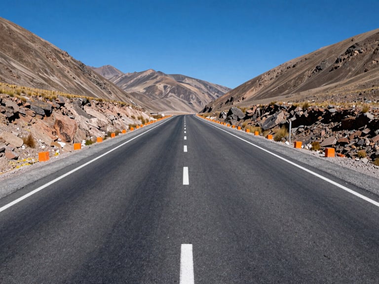 Wide-angle panoramic shot of a newly paved asphalt highway winding through rugged Peruvian mountains, clean white road markings, bright daylight.