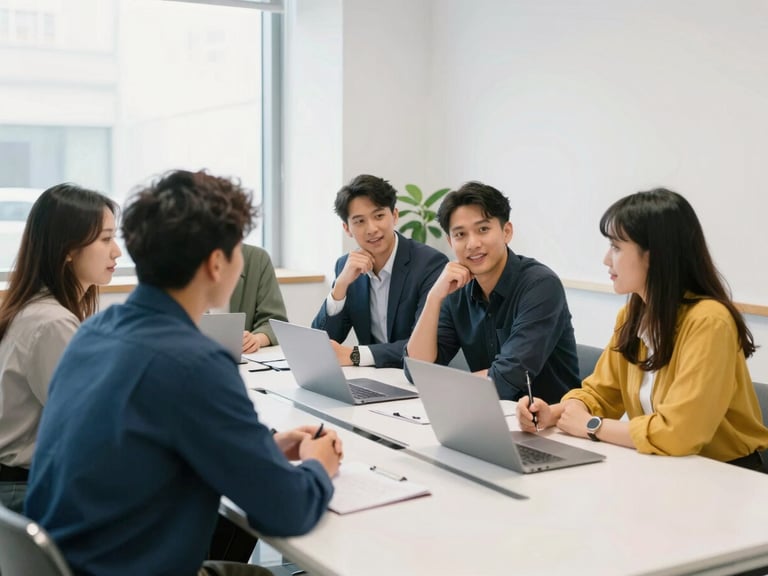 A collaborative team session in a modern, sun-filled conference room, professionals discussing strategy around a clean white table, natural candid expressions, 35mm