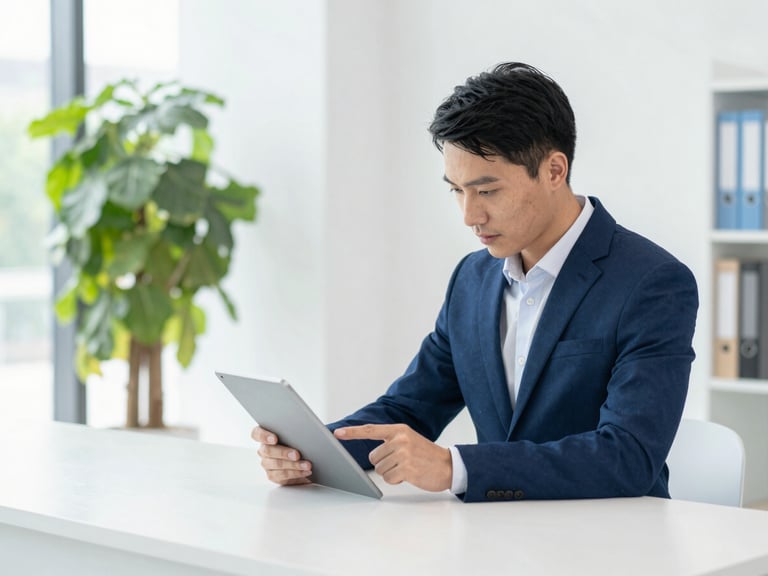 A professional reviewing structured charts on a tablet in a bright, modern office lobby, soft green foliage in the background, daylight, clean composition, 35mm
