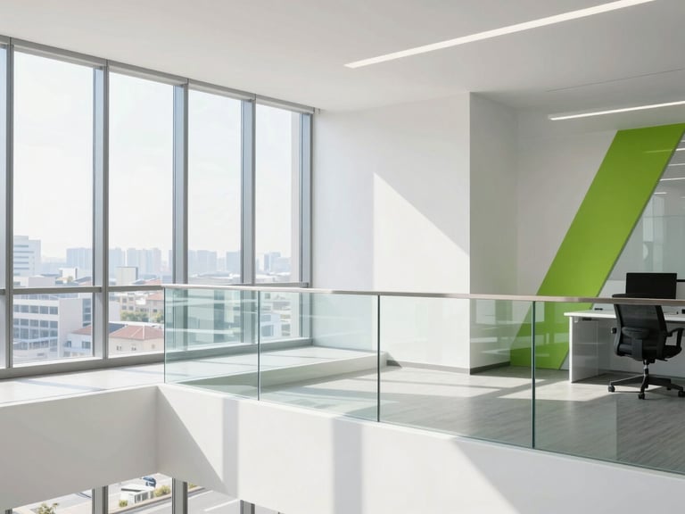 A minimalist architectural detail of a contemporary workspace with clean lines, glass railings, and a bright, airy atmosphere illuminated by natural sunlight, 35mm