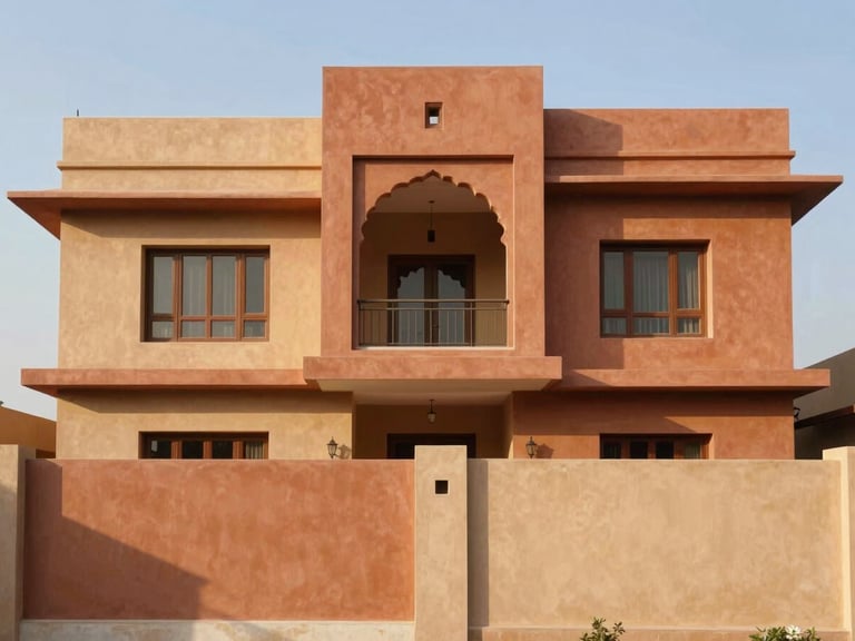 Straight-on architectural elevation of a modern Jaipur villa under bright afternoon sunlight, warm terracotta and sand tones, clean lines, sharp details, 35mm lens