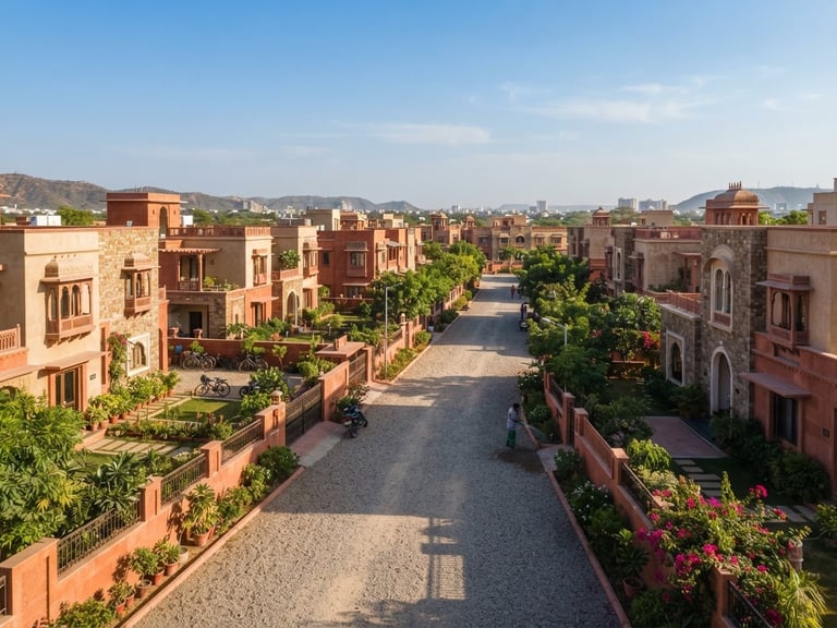 Wide-angle architectural photograph of a residential layout in Jaipur under bright afternoon sun, terracotta boundary walls, clean gravel roads, clear blue sky, 35mm lens.