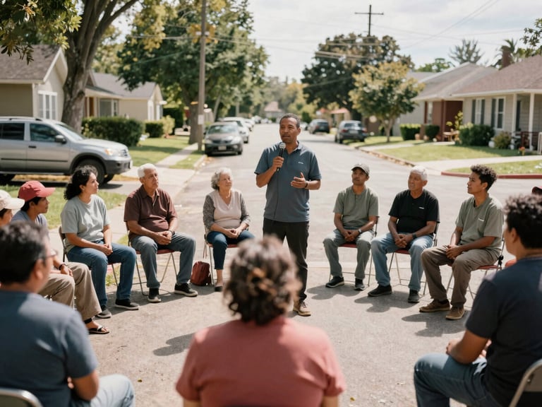 A wide environmental shot of a community leader speaking with local residents on a sunlit neighborhood street, warm natural daylight, rich muted tones, medium format film, authentic human connection.