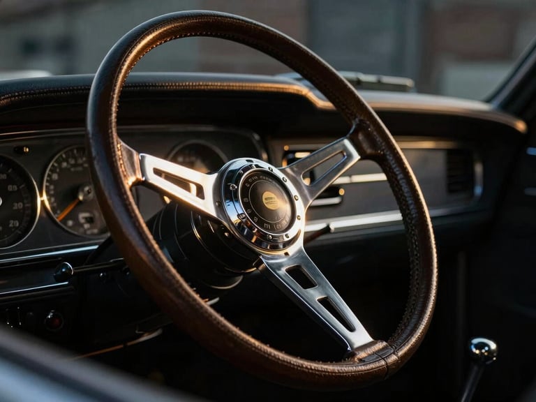 Tight detail shot of a vintage car's leather steering wheel and polished chrome shifter, moody warehouse lighting, highlighting texture and reflections.