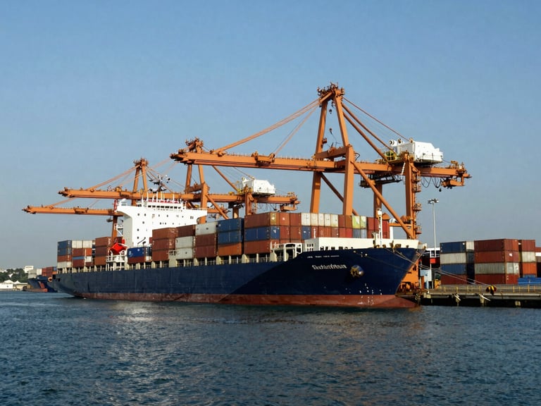 Wide environmental shot of a deep-water container port in Singapore, cool crisp daylight, sharp architectural shadows, container ships docked, 35mm lens