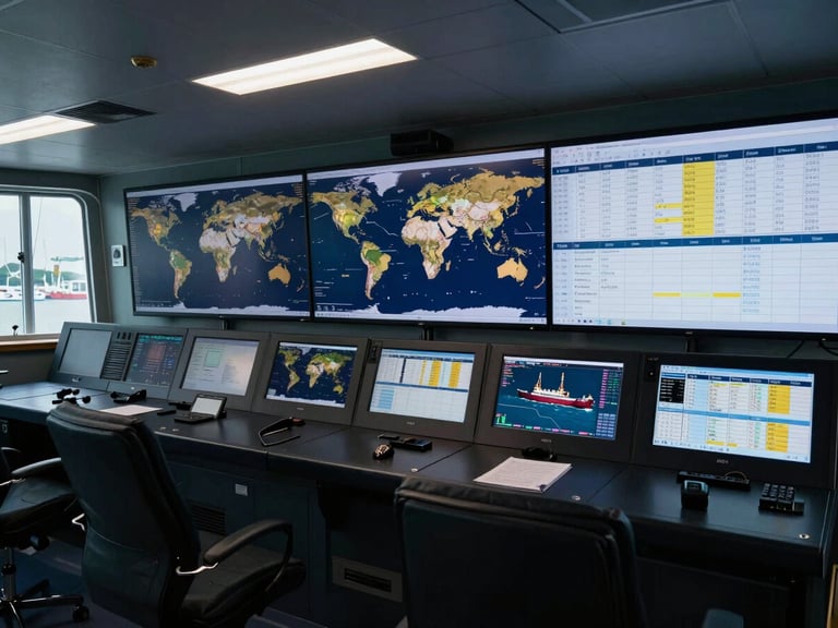 Wide angle view of a modern maritime control room in Singapore, cool daylight, high-resolution screens displaying global shipping routes and port logistics data