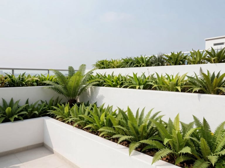 Wide architectural shot of a luxury residential rooftop garden in Mumbai, clean white concrete walls integrated with lush green ferns and ornamental grasses, bright diffused natural daylight, premium editorial photography
