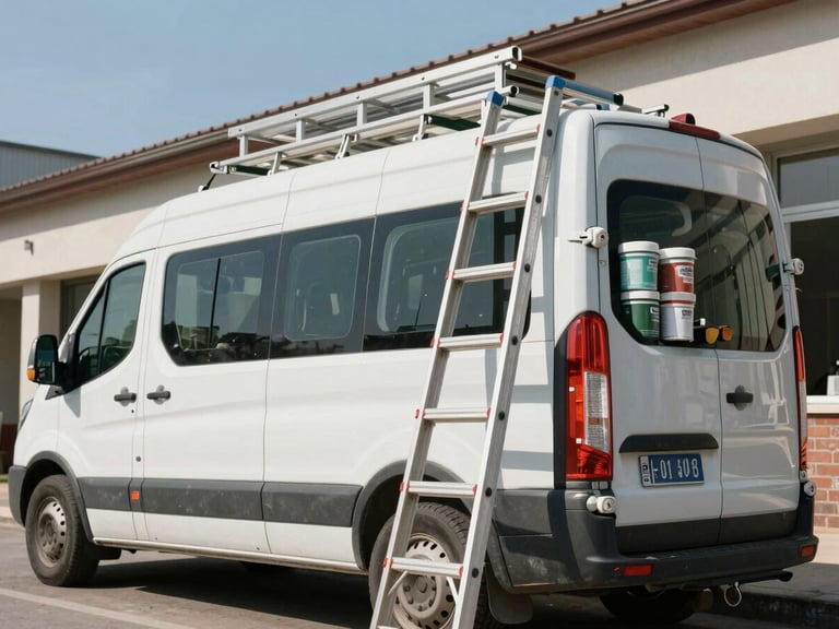 Documentary photograph of Mohfamily's van loaded with paint equipment and ladders parked outside a building under clear daylight, shot from a low angle showing operational readiness and owned resources