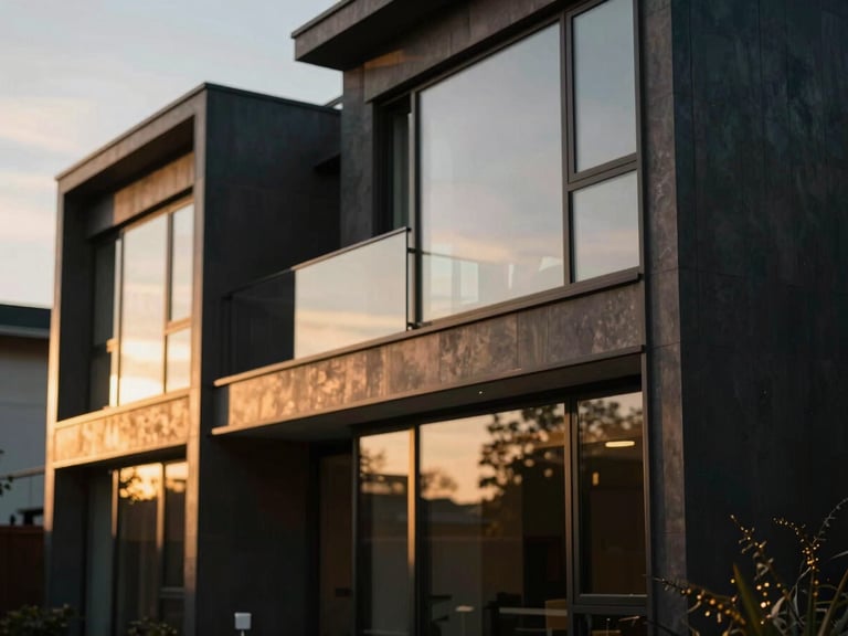 Premium editorial photograph of a modern luxury home in Birmingham, warm golden-hour light reflecting off glass facades, shallow depth of field, 35mm