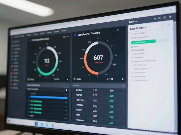 Macro shot of a high-resolution security dashboard showing compliance metrics, clean technical interface, cool daylight, sharp focus.