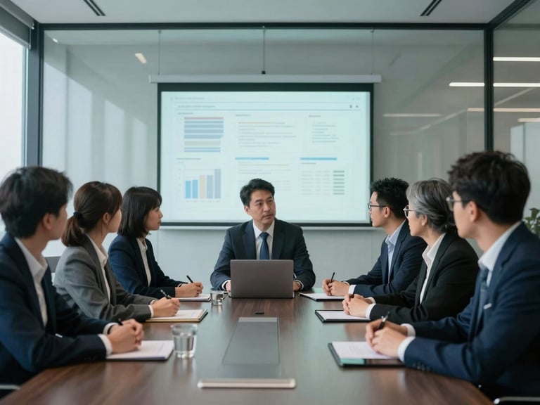 Professional team collaborating in a glass-walled meeting room, digital projections on a screen, focused expressions, modern corporate environment, cool natural light.