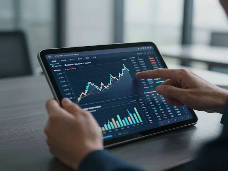 Close-up of a tablet displaying a financial dashboard with charts and graphs, hands interacting with the screen, modern office setting, cool natural light, deep navy and slate tones.