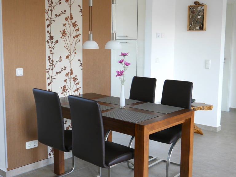 Esstisch mit 4 Freischwinger Stühlen und Pendelleuchte