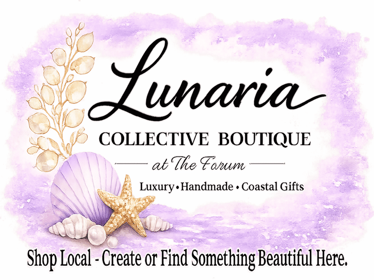 Lunaria Collective Boutique logo with coastal gifts, seashells, and starfish on a purple watercolor background.