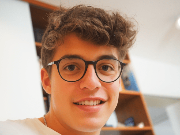 a man with glasses and a tie on his neck