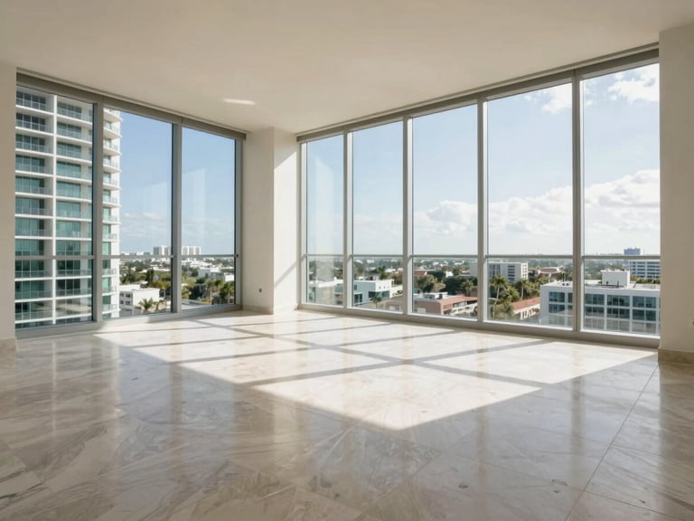 Interior view of a renovated high-rise condominium in Fort Lauderdale, floor-to-ceiling windows, flawless large-format porcelain tile flooring, bright natural daylight.