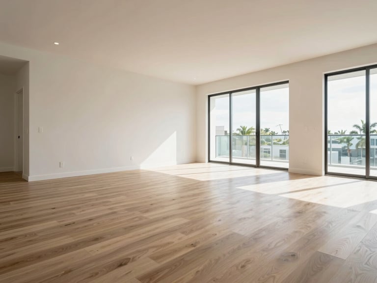 Wide angle shot of a modern, clean South Florida residential interior under bright daylight, showing crisp drywall joints and flawless flooring installation.