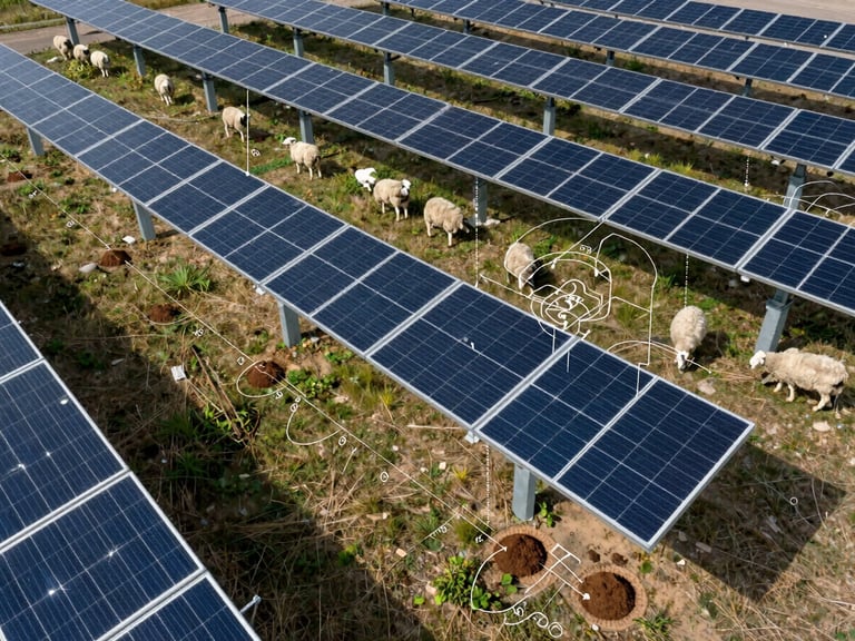 Technical engineering schematic overlaying a drone photo of a solar tracker array, showing clearance heights, sheep grazing underneath, and soil core sampling points