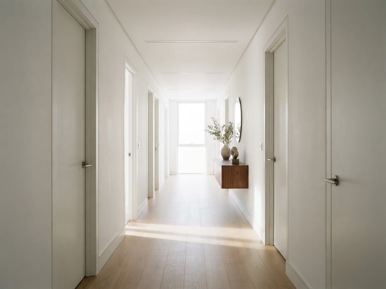 Crisp architectural elevation of a narrow apartment hallway, bright directional daylight, sharp clean shadows, minimalist interior, 35mm
