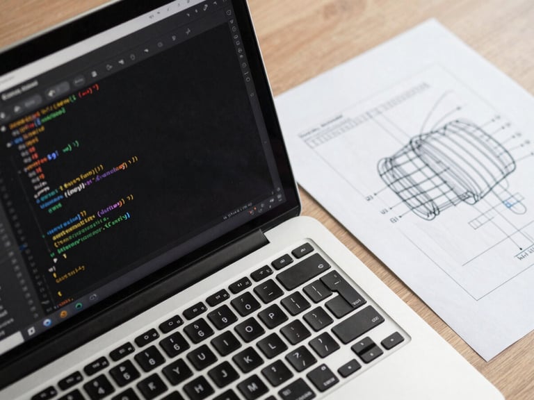 Overhead close-up of a desk with an open code editor on a laptop screen showing Kotlin Android code, a printed wireframe sketch beside it, natural daylight from above, no hands or faces, sharp technical detail