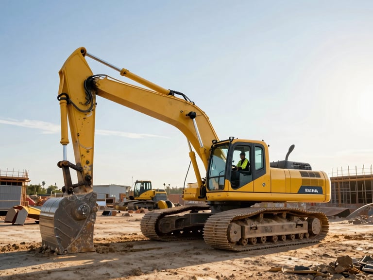 Wide shot of a modern yellow excavator on a dusty construction site at golden hour, low sun, with a skilled operator in high-visibility gear in the foreground, industrial engineering photography, bright natural daylight, high-contrast steel and concrete, deep blue and orange accents.