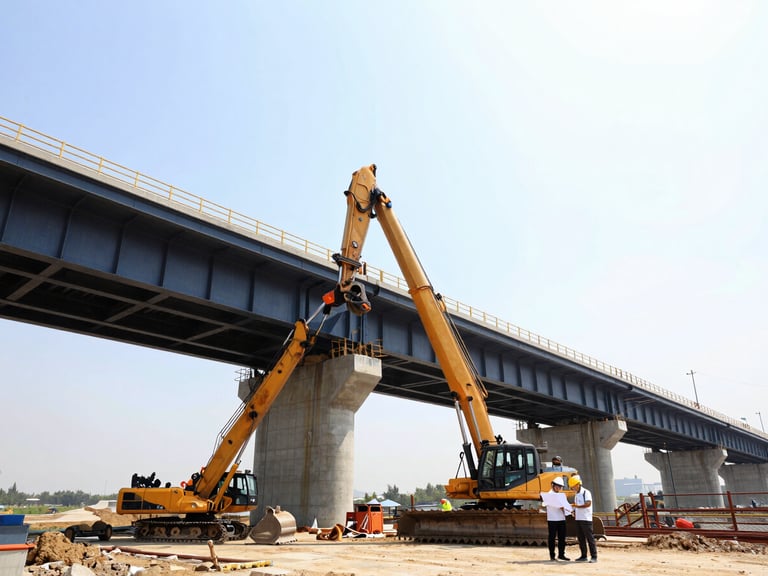 Low-angle shot of a new bridge under construction, heavy machinery moving earth, engineers reviewing plans, bright daylight.